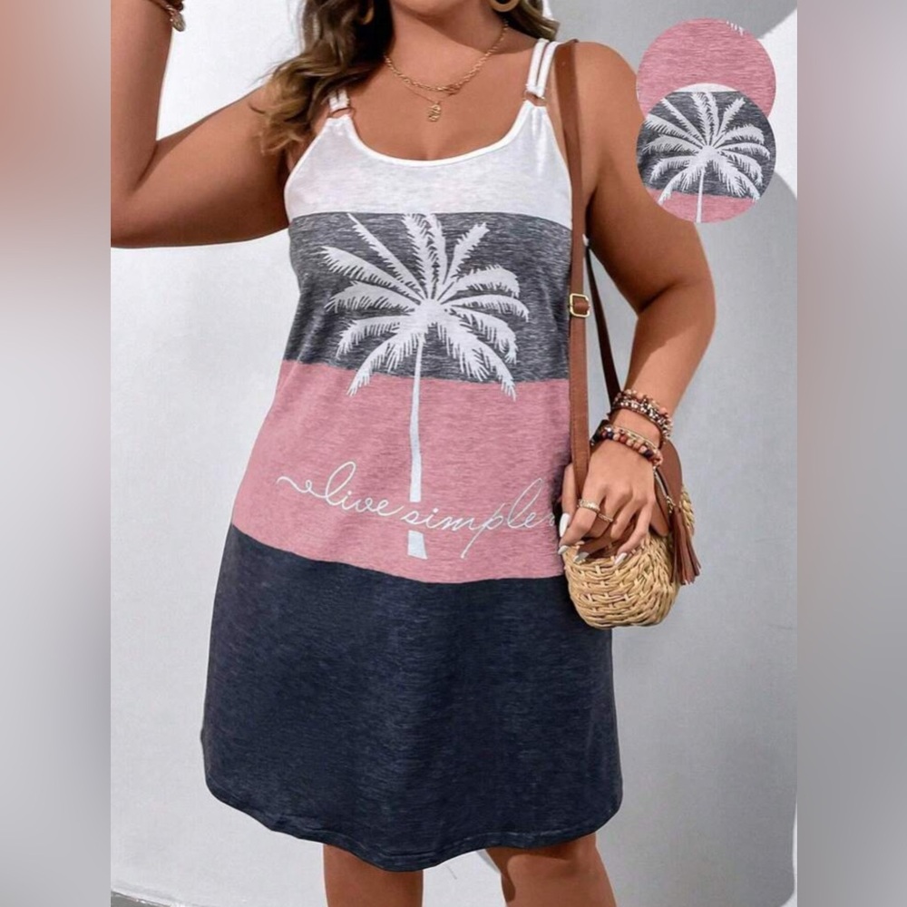 Plus Size Women Palm Tree Print Spaghetti Strap Dress / Size US 14 (1 XL)